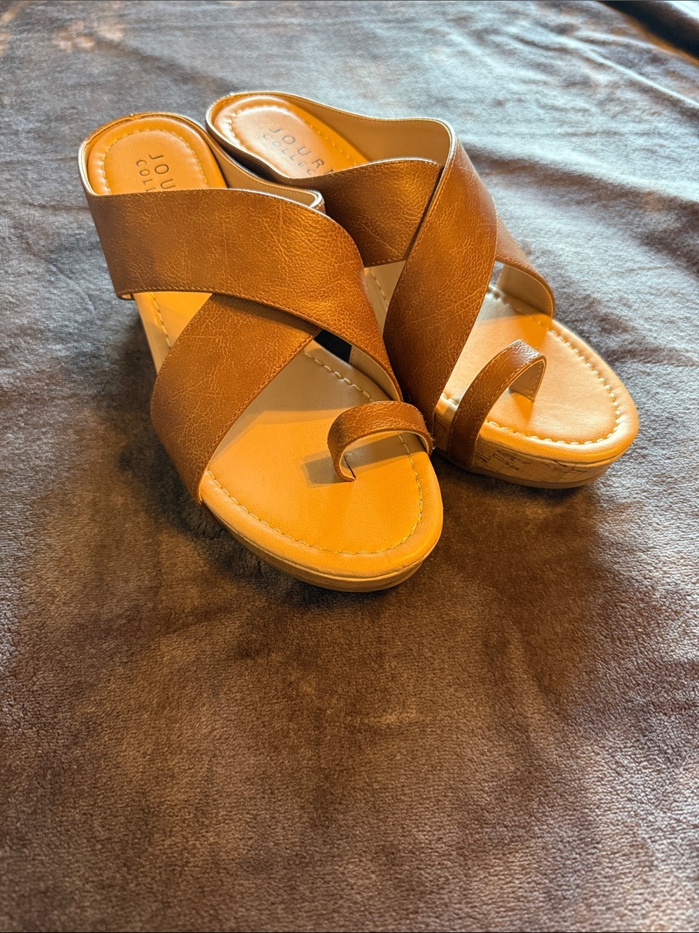 Journee Collection Tan Crisscross Wedge Sandals